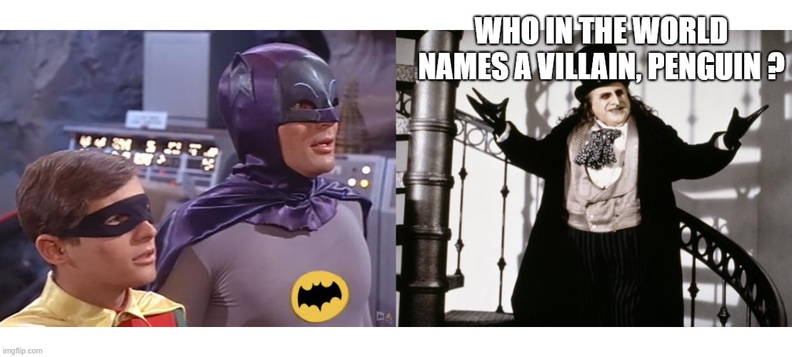 Who does that! | WHO IN THE WORLD NAMES A VILLAIN, PENGUIN ? | image tagged in batman and robin,penguin-batman,batman,names,why,food for thought | made w/ Imgflip meme maker