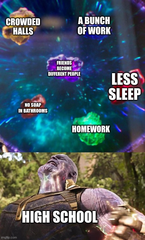 high school hurts the first year | CROWDED HALLS; A BUNCH OF WORK; FRIENDS BECOME DIFFERENT PEOPLE; LESS SLEEP; NO SOAP IN BATHROOMS; HOMEWORK; HIGH SCHOOL | image tagged in thanos infinity stones,high school | made w/ Imgflip meme maker