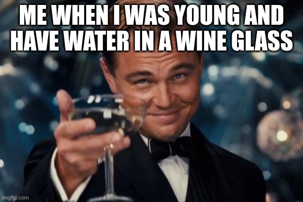 Idk | ME WHEN I WAS YOUNG AND HAVE WATER IN A WINE GLASS | image tagged in memes,leonardo dicaprio cheers | made w/ Imgflip meme maker