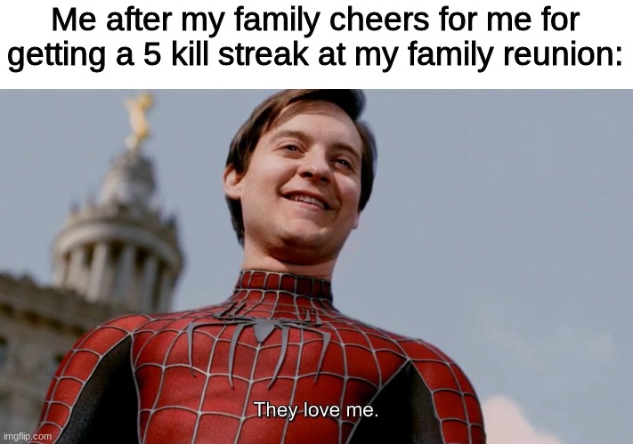 They Love Me | Me after my family cheers for me for getting a 5 kill streak at my family reunion: | image tagged in they love me,spiderman,kill,family,memes | made w/ Imgflip meme maker