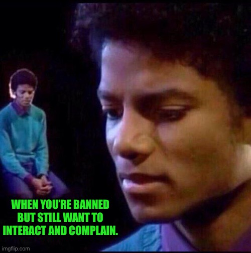 From memechat emperor to link chain messiah, can you guess who still salty with scar lol | WHEN YOU’RE BANNED BUT STILL WANT TO INTERACT AND COMPLAIN. | image tagged in micheal jackson sad | made w/ Imgflip meme maker