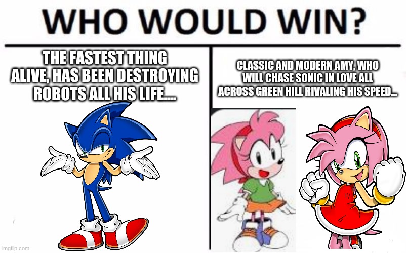 RUN |  THE FASTEST THING ALIVE, HAS BEEN DESTROYING ROBOTS ALL HIS LIFE.... CLASSIC AND MODERN AMY, WHO WILL CHASE SONIC IN LOVE ALL ACROSS GREEN HILL RIVALING HIS SPEED... | image tagged in memes,who would win | made w/ Imgflip meme maker