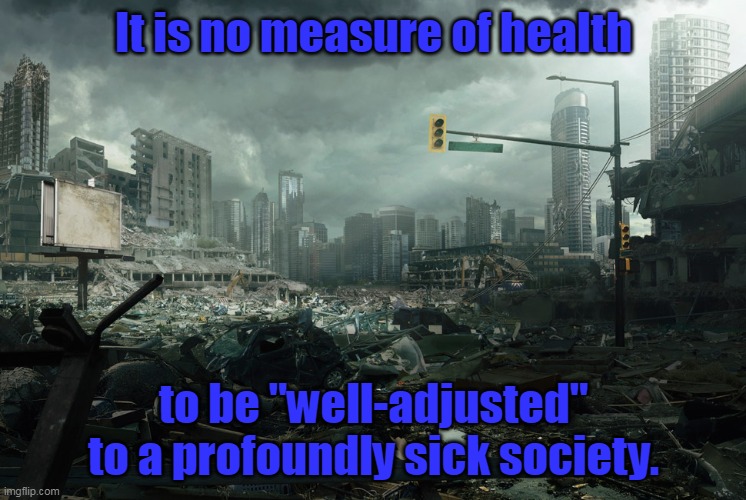 Liberals like to wallow in the destruction they create- they enjoy seeing others suffer. | It is no measure of health; to be "well-adjusted" to a profoundly sick society. | image tagged in society if opposite,liberal logic,democrats | made w/ Imgflip meme maker