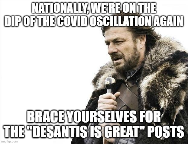 Well, it was quiet | NATIONALLY, WE'RE ON THE DIP OF THE COVID OSCILLATION AGAIN; BRACE YOURSELVES FOR THE "DESANTIS IS GREAT" POSTS | image tagged in memes,brace yourselves x is coming,covid,florida,desantis | made w/ Imgflip meme maker