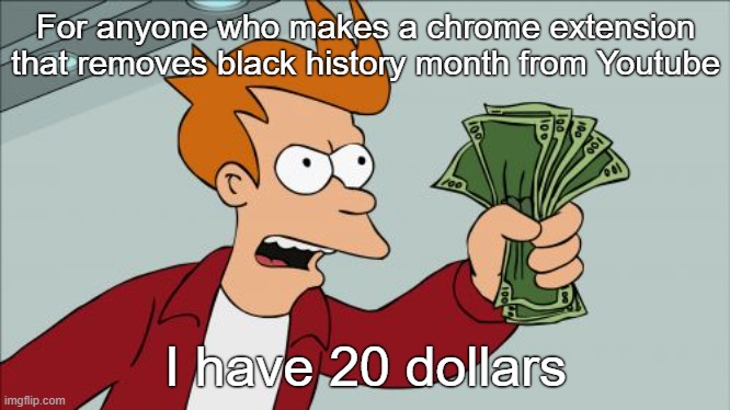 Black history month | For anyone who makes a chrome extension that removes black history month from Youtube; I have 20 dollars | image tagged in memes,shut up and take my money fry,black history month,funny memes | made w/ Imgflip meme maker
