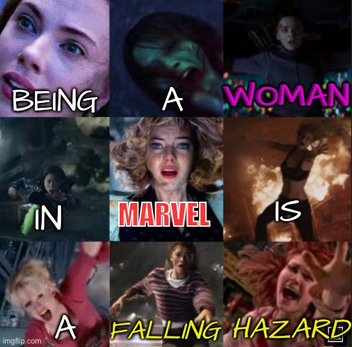 Especially if you are a girlfriend of Spider-Man | A; WOMAN; BEING; IS; IN; MARVEL; A; HAZARD; FALLING | image tagged in falling hazard,women,women in marvel,marvel women | made w/ Imgflip meme maker