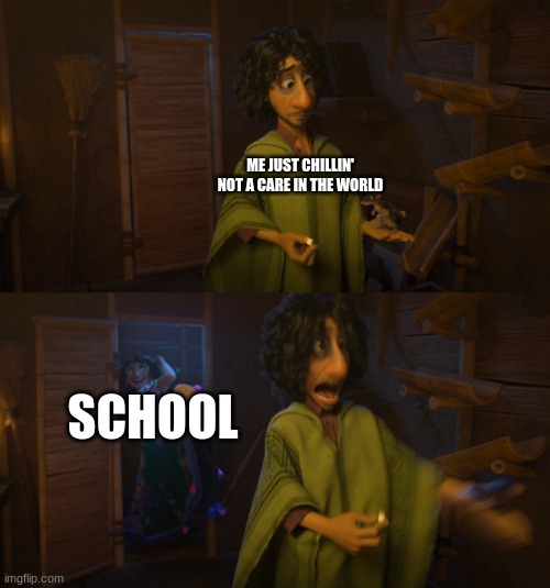 Man I have school! | ME JUST CHILLIN'
NOT A CARE IN THE WORLD; SCHOOL | image tagged in encanto bruno mirabel,school,surprised,homework | made w/ Imgflip meme maker