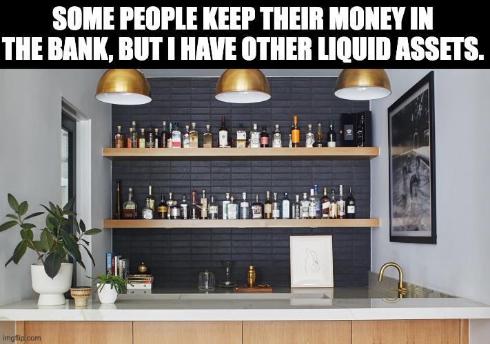 Liquid | SOME PEOPLE KEEP THEIR MONEY IN THE BANK, BUT I HAVE OTHER LIQUID ASSETS. | image tagged in dad joke | made w/ Imgflip meme maker