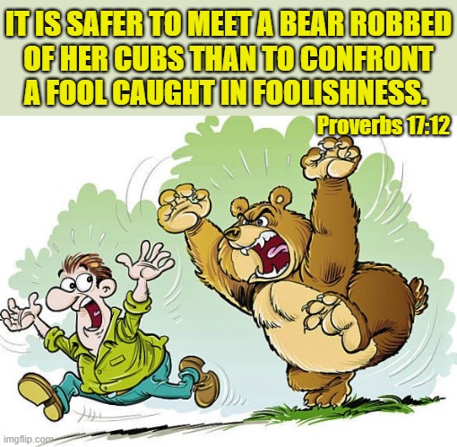 Bear chasing man | IT IS SAFER TO MEET A BEAR ROBBED
OF HER CUBS THAN TO CONFRONT
A FOOL CAUGHT IN FOOLISHNESS. Proverbs 17:12 | image tagged in bear chasing man,religious,bear,cubs,fool,proverb | made w/ Imgflip meme maker