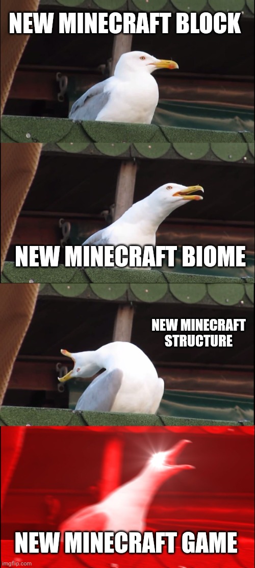 Minecraft | NEW MINECRAFT BLOCK; NEW MINECRAFT BIOME; NEW MINECRAFT STRUCTURE; NEW MINECRAFT GAME | image tagged in memes,inhaling seagull | made w/ Imgflip meme maker