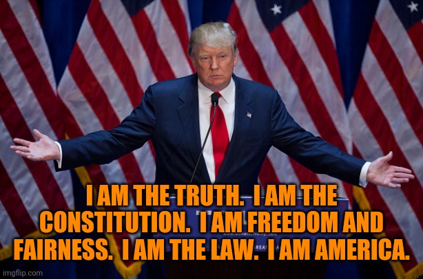 Donald Trump | I AM THE TRUTH.  I AM THE CONSTITUTION.  I AM FREEDOM AND FAIRNESS.  I AM THE LAW.  I AM AMERICA. | image tagged in donald trump | made w/ Imgflip meme maker