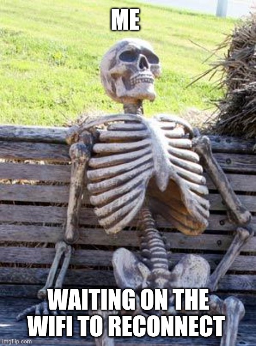 Wifi | ME; WAITING ON THE WIFI TO RECONNECT | image tagged in memes,waiting skeleton | made w/ Imgflip meme maker