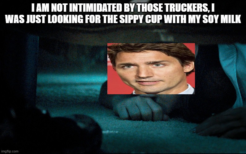 Cuckdeau | I AM NOT INTIMIDATED BY THOSE TRUCKERS, I WAS JUST LOOKING FOR THE SIPPY CUP WITH MY SOY MILK | image tagged in girl hiding under bed,justin trudeau,cuck,covid-19 | made w/ Imgflip meme maker