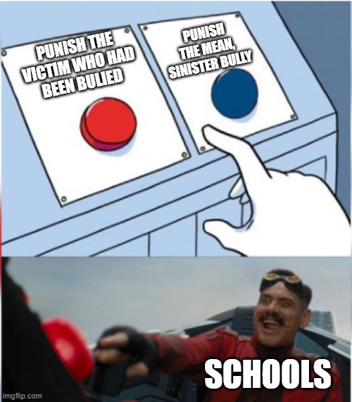what u do | PUNISH THE MEAN, SINISTER BULLY; PUNISH THE
VICTIM WHO HAD
BEEN BULIED; SCHOOLS | image tagged in robotnik pressing red button,school,punish | made w/ Imgflip meme maker
