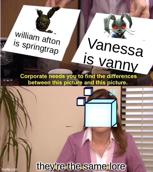 There the same lore | william afton is springtrap; Vanessa is vanny; they're the same lore | image tagged in memes,they're the same picture | made w/ Imgflip meme maker