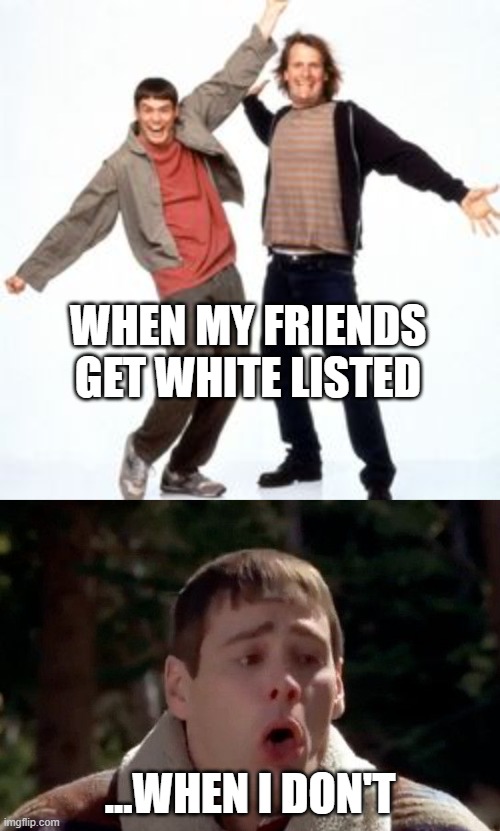 Dumb White List | WHEN MY FRIENDS GET WHITE LISTED; ...WHEN I DON'T | image tagged in whitelisted,dumb and dumber,funny memes,funny,nft | made w/ Imgflip meme maker
