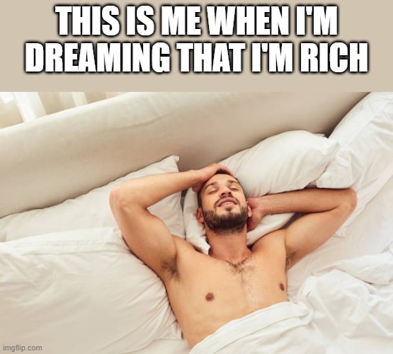 Dreaming That I'm Rich | THIS IS ME WHEN I'M DREAMING THAT I'M RICH | image tagged in dreaming,sleeping,rich,shirtless,funny,memes | made w/ Imgflip meme maker