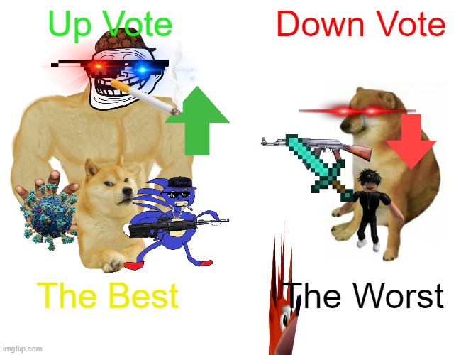 Up-Down | Up Vote; Down Vote; The Worst; The Best | image tagged in memes,buff doge vs cheems | made w/ Imgflip meme maker