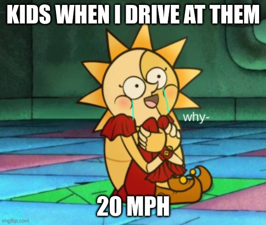 Kids am I right? | KIDS WHEN I DRIVE AT THEM; 20 MPH | image tagged in why- sundrop face,memes | made w/ Imgflip meme maker