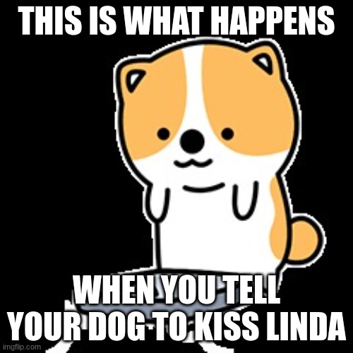 itsa | THIS IS WHAT HAPPENS; WHEN YOU TELL YOUR DOG TO KISS LINDA | image tagged in hi | made w/ Imgflip meme maker