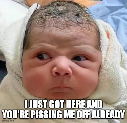 Newborn | I JUST GOT HERE AND YOU'RE PISSING ME OFF ALREADY | image tagged in baby | made w/ Imgflip meme maker