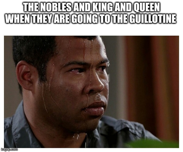 for class |  THE NOBLES AND KING AND QUEEN WHEN THEY ARE GOING TO THE GUILLOTINE | image tagged in jordan peele sweating | made w/ Imgflip meme maker