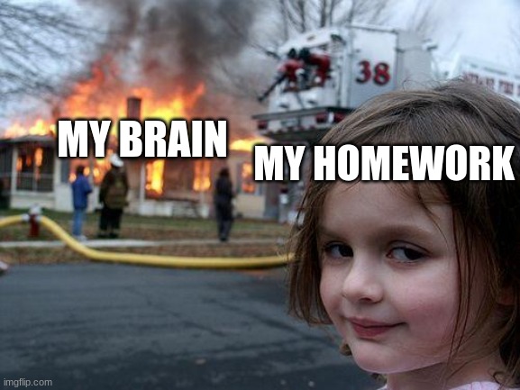 Disaster Girl Meme | MY BRAIN; MY HOMEWORK | image tagged in memes,disaster girl | made w/ Imgflip meme maker
