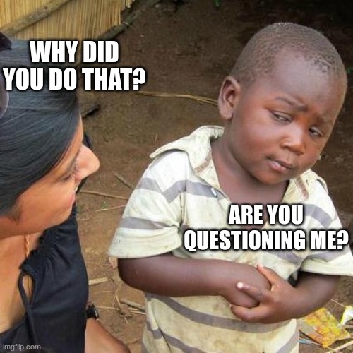 Third World Skeptical Kid Meme | WHY DID YOU DO THAT? ARE YOU QUESTIONING ME? | image tagged in memes,third world skeptical kid | made w/ Imgflip meme maker