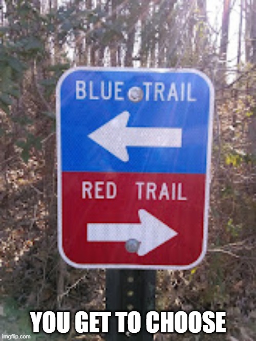 Red Trail or Blue Trail | YOU GET TO CHOOSE | image tagged in red pill blue pill | made w/ Imgflip meme maker