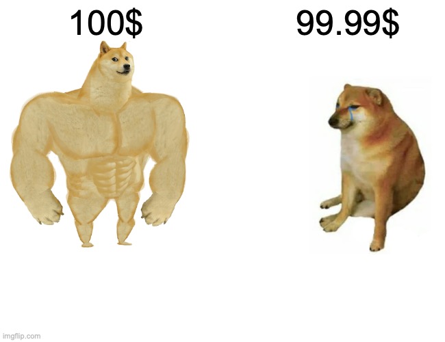 money | 100$; 99.99$ | image tagged in memes,buff doge vs cheems | made w/ Imgflip meme maker