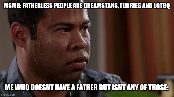 sweating bullets | MSMG: FATHERLESS PEOPLE ARE DREAMSTANS, FURRIES AND LGTBQ; ME WHO DOESNT HAVE A FATHER BUT ISNT ANY OF THOSE: | image tagged in sweating bullets | made w/ Imgflip meme maker