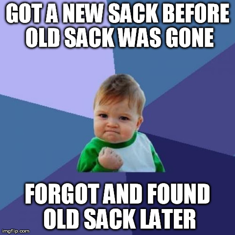 Success Kid | GOT A NEW SACK BEFORE OLD SACK WAS GONE FORGOT AND FOUND OLD SACK LATER | image tagged in memes,success kid | made w/ Imgflip meme maker