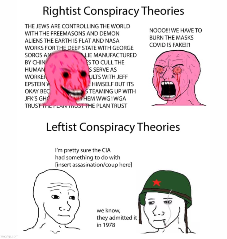 Rightist vs. Leftist conspiracy theories | image tagged in rightist vs leftist conspiracy theories,conspiracy theories,conspiracy theory,wojak,right wing,left wing | made w/ Imgflip meme maker