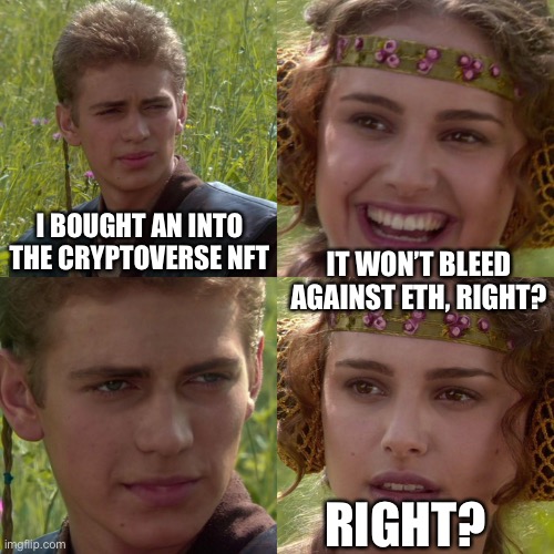Anakin Padme 4 Panel | I BOUGHT AN INTO THE CRYPTOVERSE NFT; IT WON’T BLEED AGAINST ETH, RIGHT? RIGHT? | image tagged in anakin padme 4 panel | made w/ Imgflip meme maker