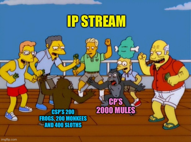 Lol, they’ll get the reference | IP STREAM; CP’S 2000 MULES; CSP’S 200 FROGS, 200 MONKEES AND 400 SLOTHS | image tagged in simpsons monkey fight | made w/ Imgflip meme maker