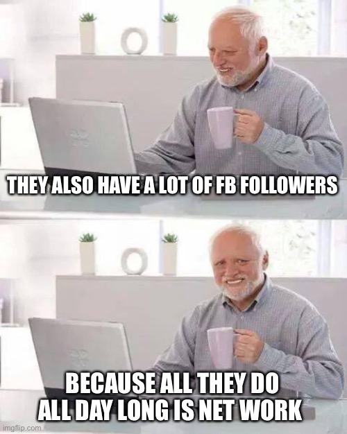 Hide the Pain Harold Meme | THEY ALSO HAVE A LOT OF FB FOLLOWERS BECAUSE ALL THEY DO ALL DAY LONG IS NET WORK | image tagged in memes,hide the pain harold | made w/ Imgflip meme maker