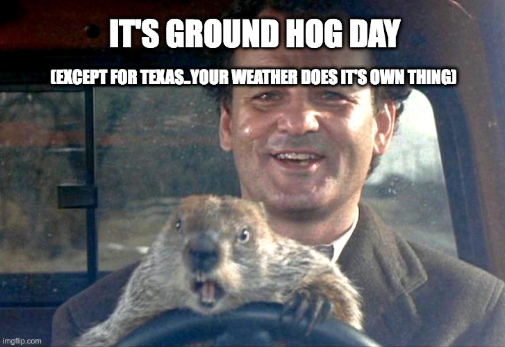 Ground Hog Day Except for Texas | IT'S GROUND HOG DAY; (EXCEPT FOR TEXAS..YOUR WEATHER DOES IT'S OWN THING) | image tagged in ground hog day bill murray,texas,weather,groundhog day | made w/ Imgflip meme maker