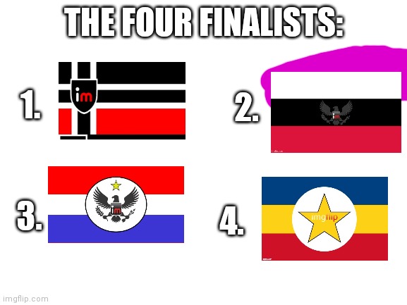 Two asterisks go with this image:the purple on number two is for contrast, and I didn't do a great job cropping no 1. | THE FOUR FINALISTS:; 1. 2. 3. 4. | image tagged in blank white template | made w/ Imgflip meme maker