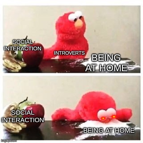 Lmao | SOCIAL INTERACTION; INTROVERTS; BEING AT HOME; SOCIAL INTERACTION; BEING AT HOME | image tagged in elmo cocaine | made w/ Imgflip meme maker