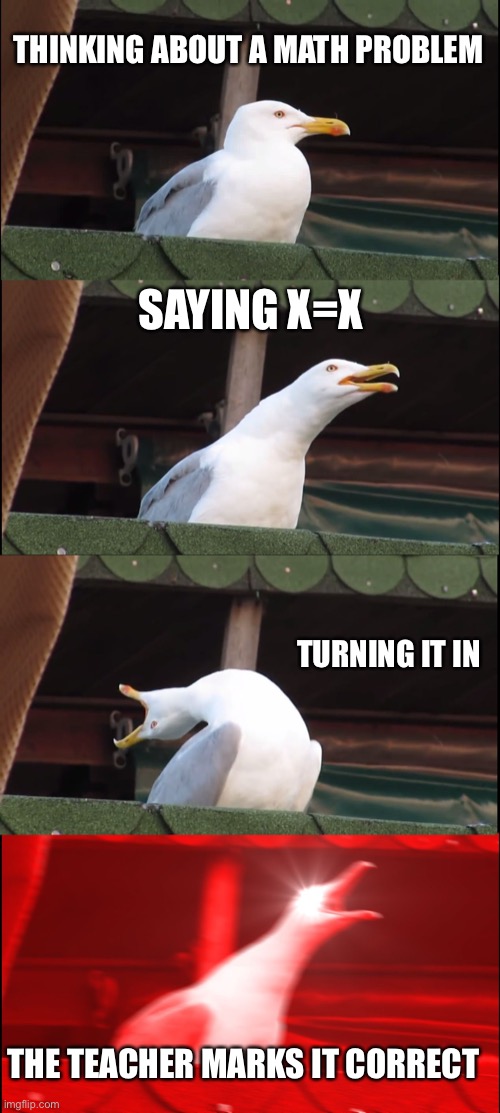 Math test!? | THINKING ABOUT A MATH PROBLEM; SAYING X=X; TURNING IT IN; THE TEACHER MARKS IT CORRECT | image tagged in memes,inhaling seagull | made w/ Imgflip meme maker