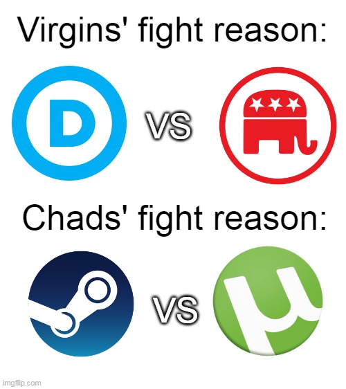 Blank White Template | Virgins' fight reason:; VS; Chads' fight reason:; VS | image tagged in blank white template,memes,steam,politics | made w/ Imgflip meme maker