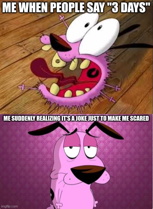 i was literally shivering til i googled and there's nothing | ME WHEN PEOPLE SAY "3 DAYS"; ME SUDDENLY REALIZING IT'S A JOKE JUST TO MAKE ME SCARED | image tagged in courage,courage the cowardly dog | made w/ Imgflip meme maker