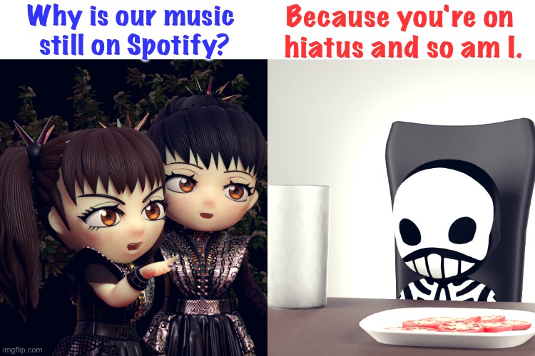 Maybe he'll go back to work | Why is our music 
still on Spotify? Because you're on 
hiatus and so am I. | image tagged in babymetal,kobametal | made w/ Imgflip meme maker