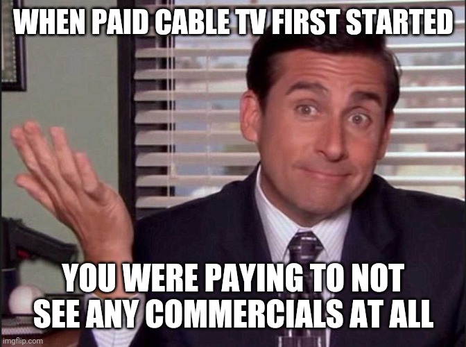 Michael Scott | WHEN PAID CABLE TV FIRST STARTED YOU WERE PAYING TO NOT SEE ANY COMMERCIALS AT ALL | image tagged in michael scott | made w/ Imgflip meme maker