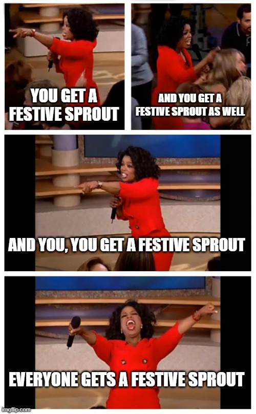 Festive sprout | YOU GET A FESTIVE SPROUT; AND YOU GET A FESTIVE SPROUT AS WELL; AND YOU, YOU GET A FESTIVE SPROUT; EVERYONE GETS A FESTIVE SPROUT | image tagged in memes,oprah you get a car everybody gets a car | made w/ Imgflip meme maker