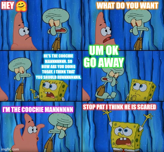 Stop it, Patrick! You're Scaring Him! | HEY 🤗; WHAT DO YOU WANT; UM OK GO AWAY; HE'S THE COOCHIE MANNNNNNN. SO HOW ARE YOU DOING TODAY. I THINK THAT YOU SHOULD RUNNNNNNNN. I'M THE COOCHIE MANNNNNN; STOP PAT I THINK HE IS SCARED | image tagged in stop it patrick you're scaring him | made w/ Imgflip meme maker