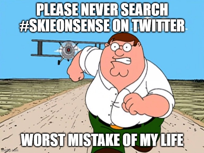 Peter Griffin running away | PLEASE NEVER SEARCH #SKIEONSENSE ON TWITTER; WORST MISTAKE OF MY LIFE | image tagged in peter griffin running away | made w/ Imgflip meme maker