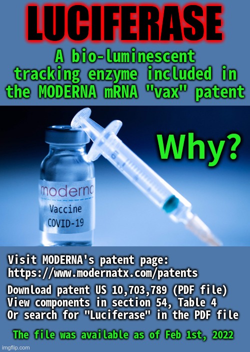 LUCIFERASE IN MODERNA PATENT. Why? | LUCIFERASE; A bio-luminescent tracking enzyme included in the MODERNA mRNA "vax" patent; Why? Visit MODERNA's patent page:
https://www.modernatx.com/patents; Download patent US 10,703,789 (PDF file)
View components in section 54, Table 4
Or search for "Luciferase" in the PDF file; The file was available as of Feb 1st, 2022 | image tagged in moderna,luciferase,patent | made w/ Imgflip meme maker