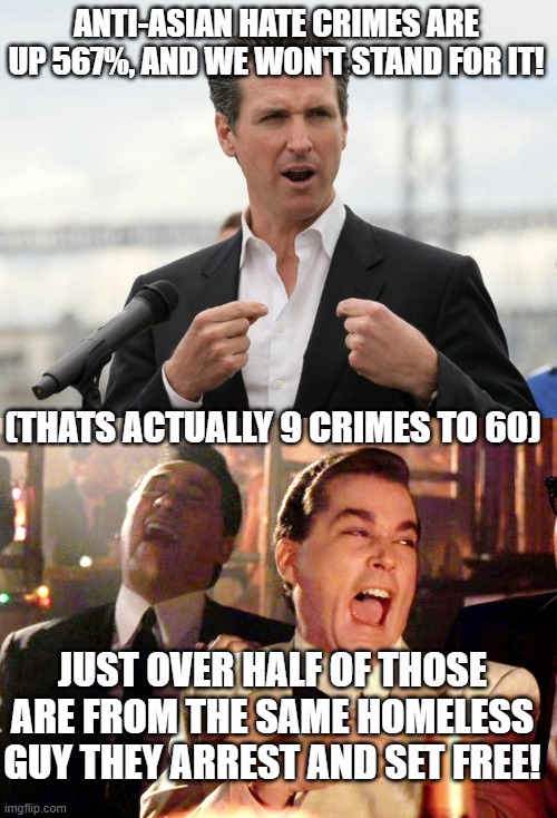 San Fran Hilarity | ANTI-ASIAN HATE CRIMES ARE UP 567%, AND WE WON'T STAND FOR IT! (THATS ACTUALLY 9 CRIMES TO 60); JUST OVER HALF OF THOSE ARE FROM THE SAME HOMELESS GUY THEY ARREST AND SET FREE! | image tagged in gavin newsome,memes,good fellas hilarious | made w/ Imgflip meme maker