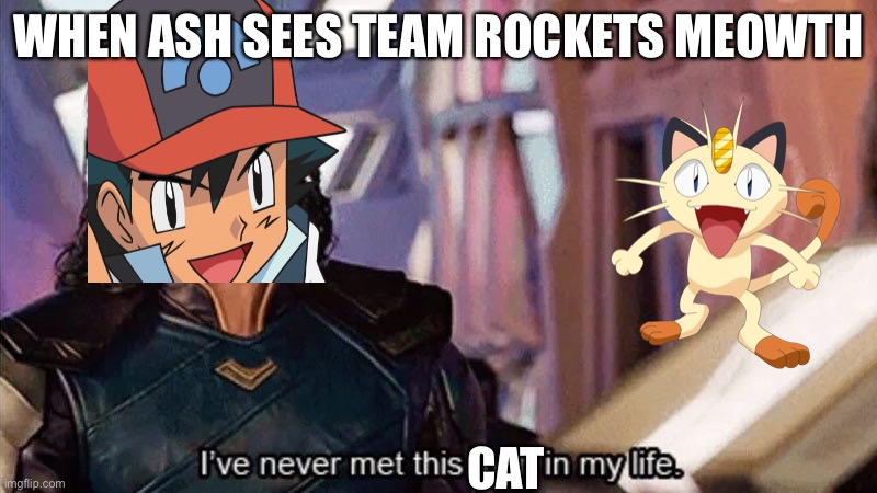 I Have Never Met This Man In My Life | WHEN ASH SEES TEAM ROCKETS MEOWTH; CAT | image tagged in i have never met this man in my life | made w/ Imgflip meme maker